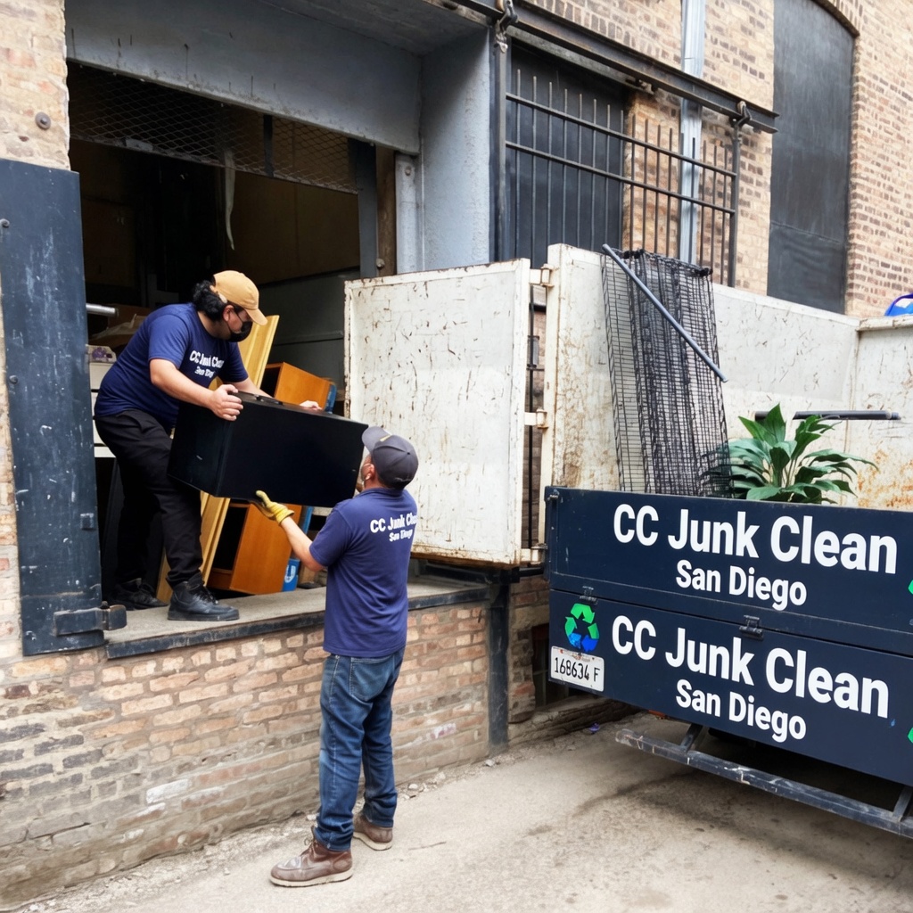 CC Junk Clean crew loading a commercial dumpster trailer in San Diego