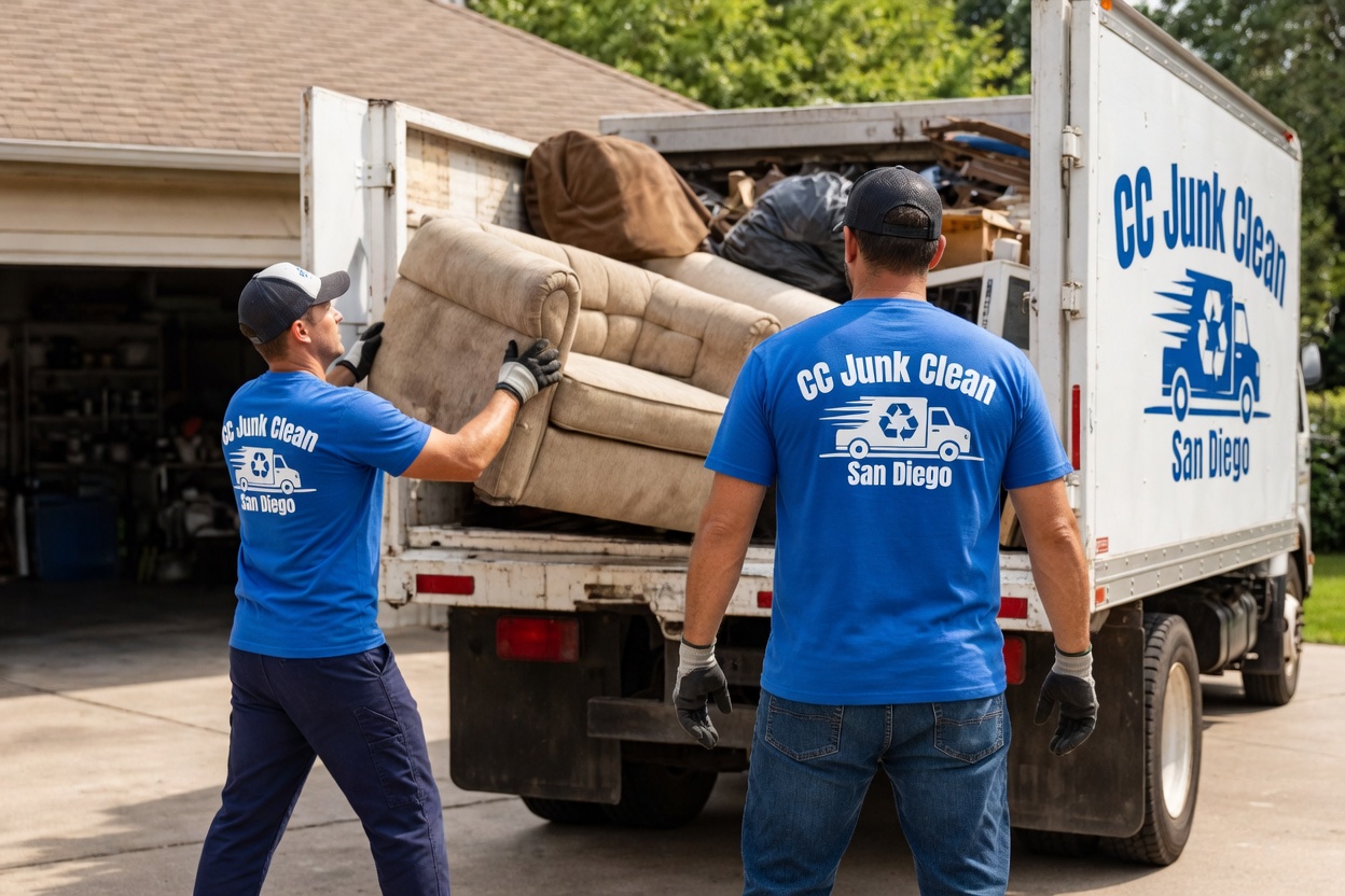 CC Junk Clean crew loading a couch into a CC Junk Clean truck in San Diego